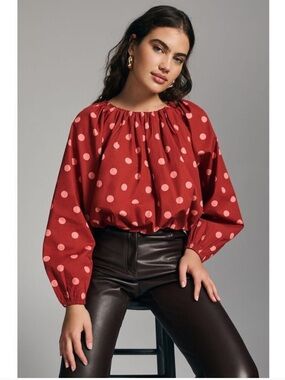 Anthropologie Maeve MP Poplin Bubble Blouse Polka Dot Red Pink - XS